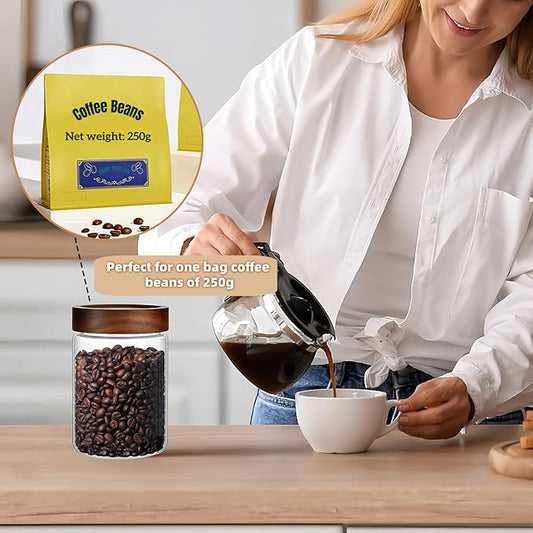 28 Fl oz/850 ml Glass Food Storage Jar, Premium Clear Glass Container Jar with Airtight Wooden Screw Lid, Kitchen Canisters for Coffee,Tea,Pasta,Cookies, Nuts,Spice,Candy,Overnight Oatmeal(Medium)
