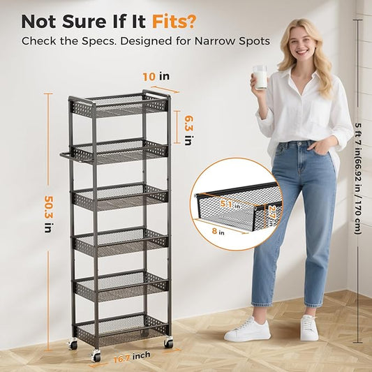 6 Tier Slim Storage Cart with Wheels, 10" D Rolling Storage Cart for Small Space, Metal Narrow Spice Cabinet Mobile Shelving Unit Organizer with Handle for Kitchen, Laundry - Black