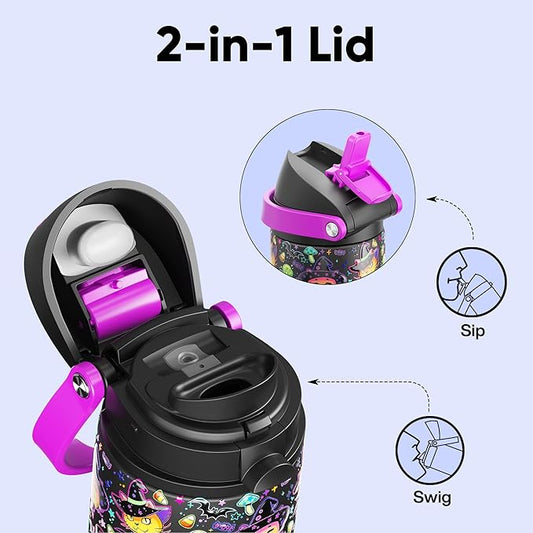 Insulated Water Bottle with Straw - Encool Stainless Steel Water Bottle with Push Button Lid, Leak-Proof & BPA-Free, Keeps Cold for 24 Hours for Sports, Travel, Gym (24 oz, Meowgic Night)