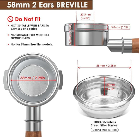 58mm Bottomless Portafilter 2 Ears - Fits Breville Oracle, Oracle Touch, Dual Boiler BES980XL BES990BSS BES920XL-Not for E61 groupheads-with Double Shot Filter Basket & Walnut Handle