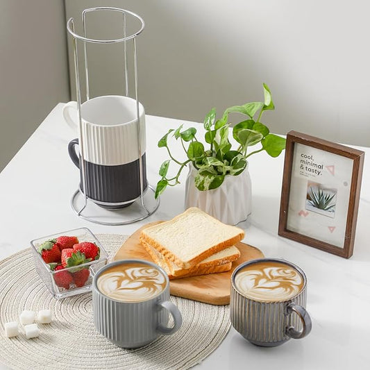 HASENSE Large Coffee Mug Set of 4 with Rack - 15 oz Stacking Ceramic Ribbed Latte Cups Set for Cappuccino, Tea, Hot Cocoa, Drinks - Dishwasher & Microwave Safe Assorted Colors