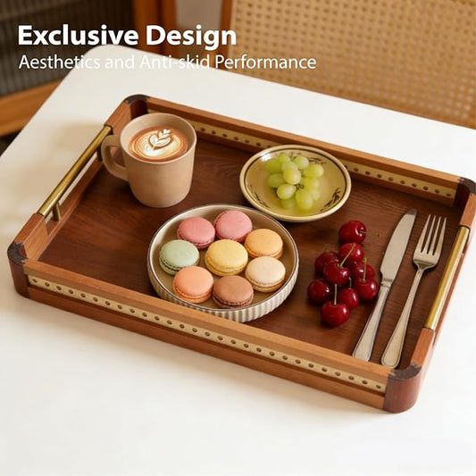 Acacia Wood Serving Tray with Handles, Decorative Wooden Tray for Ottoman, Coffee Table, Rectangular Tray Decor for Living Room, Bedroom, Kitchen, Breakfast in Bed