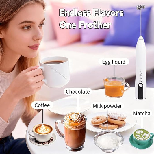Rechargeable Milk Frother Handheld,Kitchen Essentials Hand Mixer with 3 Stainless Whisks Heads,Electric Whisk Frother for Latte, Cappuccino,Matcha, Egg, Milk Powder,with Stand (white)