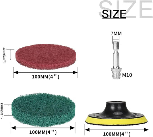 4 Inch Drill Brush Power Scouring Pads - Heavy Duty Tub and Tile Cleaner - Household Cleaning Kit Includes Drill Attachment, 5 Red, 5 Stiff Green Scrubber Pads