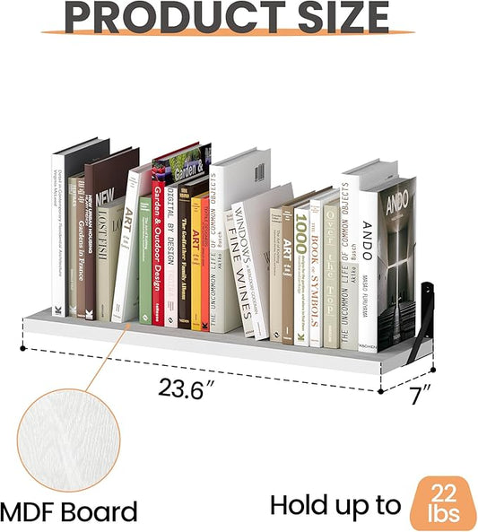 upsimples Floating Book Shelves for Wall, 23.6 Inches Floating Wood Shelves for Living Room, Laundry Room, Bedroom, Office Organizer and Storage, White