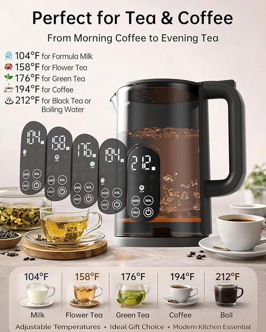 Electric Kettle with Temperature Control, 1.7L Stainless Steel Hot Water Kettle, 5 Presets for Tea & Coffee, 2H Keep Warm, Fast Boil, Auto Shut-Off & Boil-Dry Protection, Cordless Tea Kettle, Black