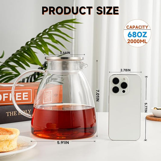 GURUDAR 68OZ/2000ML One Touch Glass Teapot with Stainless Steel Filter Lid, Stovetop & Microwave Safe Tea Maker Water Kettle, Strainer & Cover 2 in 1 Loose Leaf Tea Steeper Pot Coffee Carafe