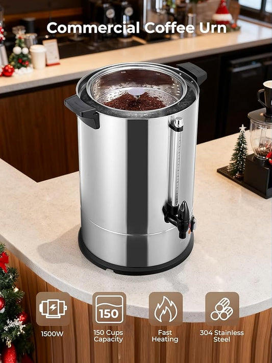 FOHERE Coffee Maker 150 Cups Commercial, Coffee Urn 15 L/3.96 Gal Electric Hot Beverage Dispenser with Dripless Faucet, 1500W Power Quick Brew, Stays Hot for Coffee & Beverage, Catering, Party