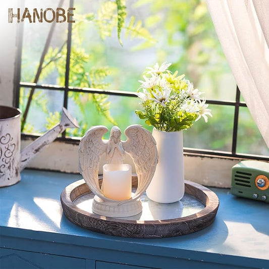 Hanobe Round Wood Decorative Tray: Rustic Wooden Tray for Coffee Table Farmhouse Centerpiece Mirror Candle Holder Vintage Mirrored Bar Plate Ottoman Topper for Home Decor Bathroom Kitchen