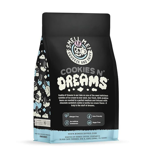 Bones Coffee Company Cookies 'N Dreams Cookies and Cream Flavored Coffee, Medium Roast Low Acid Arabica Beans Compatible with Auto drip and French Press Coffee Maker, 12 Oz Whole Bean
