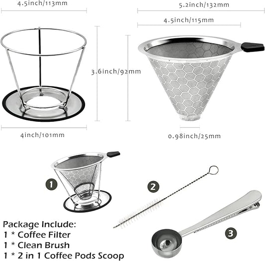 LIGICKY Reusable Coffee Filter Professional Manual Stainless Steel Coffee Dripper Cone Coffee Strainer Paperless Coffee Maker for 2-4 people with Removable Cup Stand, Cleaning Brush, Coffee Scoop