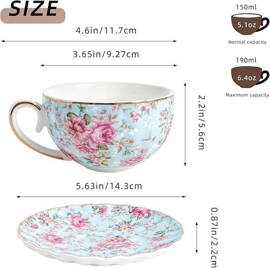 Tea Cup and Saucers, 6.4oz Floral Tea Cups with Gold Trim, Porcelain Teacup, Coffee Cappuccino Espresso Latte Mugs for Party Birthday,Party Cafe Home, Christmas Gift (Blue)