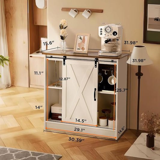 White Coffee Bar Cabinet with Storage, Farmhouse Coffee Bar Cabinet, Coffee Bar Table with Sliding Barn Door, Coffee Bar & Adjustable Shelves, for Kitchen, Dining Room, Living Room