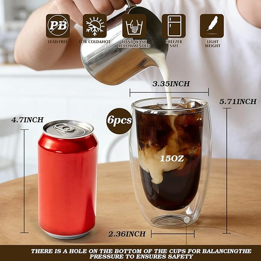 Etolies 6 Pack Double Wall Glass Coffee Mugs, 15oz Glass coffee Cups, Drinking Glasses, Insulated Borosilicate Thermo Cups for Hot & Cold Beverages - Espresso, Latte, Tea, Cappuccino