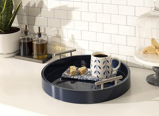 Kate And Laurel Lipton Modern Round Tray; 15.5 Diameter; Navy and Silver; Decorative Accent Tray for Storage and Display