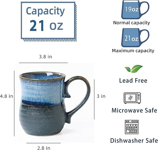 21 oz Large Ceramic Coffee Mugs, Handmade Cup with Large Handle, Big Tea and Coffee Cups for Office and Home, Microwave and Dishwasher Safe (Blue Grey)