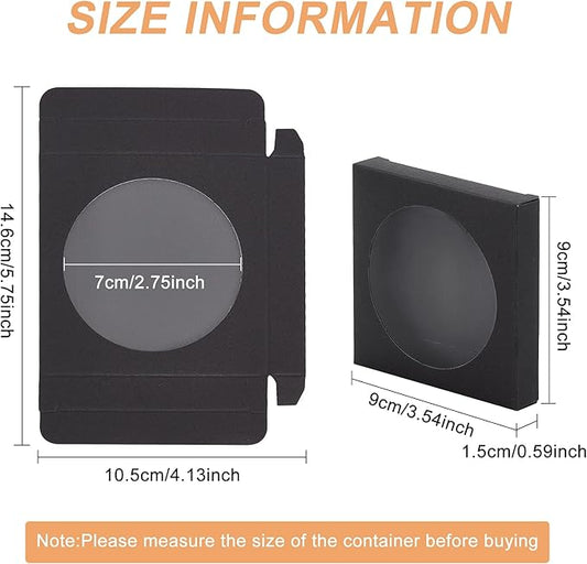 BENECREAT 24 Pack Black Kraft Paper Boxes with Clear Window 3.5x3.5x0.6" Paper Gift Packaging Boxes for Wedding Party Candy Cookies Favor Treat