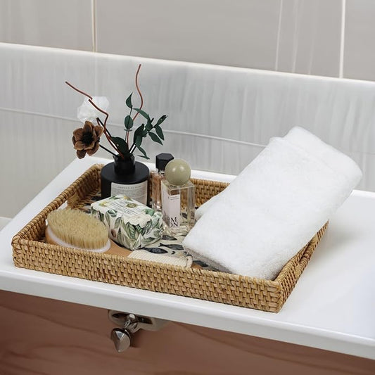 Rattan Serving Tray, Rectangle Coffee Table Tray with Mother of Pearl Inlay, Decorative Wicker Basket with Handle for Coffee, Bread, Fruits, Snacks, Table Decor (Black Fish)