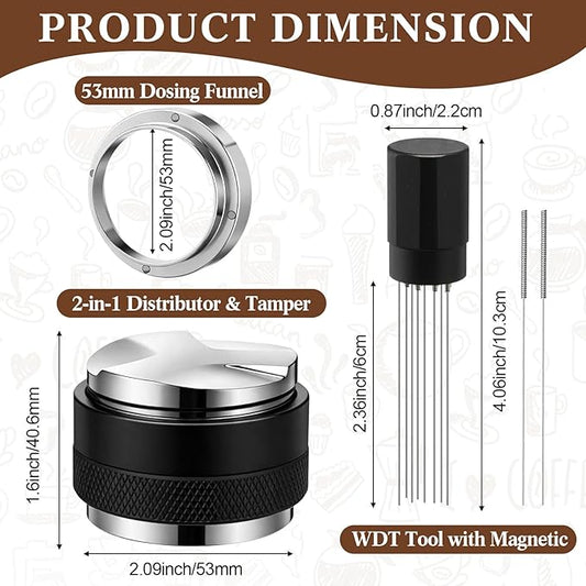 Zhehao 3 Pcs 53mm Espresso Accessories Kit, 2 in 1 Espresso Tamper and Distributor Leveler, Magnetic WDT Tool, and Dosing Funnel Set for Home Office Coffee Machines and Portafilters