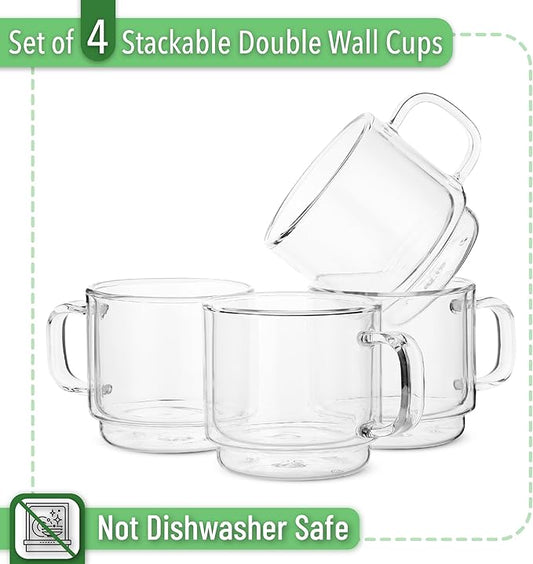 BTaT- Double Walled Stackable Glass Coffee Mugs, 12 oz, Set of 4, Glass Coffee Cups with Handle, Insulated Clear Coffee Mug for Hot and Cold Beverages, Cappuccino, Latte, Tea, Americano