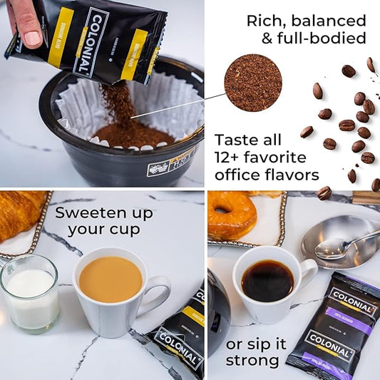 Colonial Coffee 100 Count Single Pot Coffee Packets – Assorted Variety Pack with Medium, Dark, & Decaf Roast Blends | Pre-Measured Frac Packs for 12 Cup Maker | Bulk Ground Gourmet Coffee for Home & Office