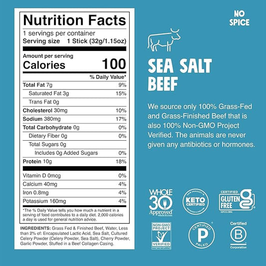 CHOMPS Grass Fed Sea Salt Beef Jerky Snack Sticks, Keto, Whole30, Paleo, Gluten Free, Sugar Free, Low Carb, AIP Diet Compliant, 1.15 Oz, Pack of 24