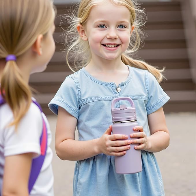 12oz Water Bottle for School, Bottles with Straws, Stainless Steel Vacuum Insulated Water Bottle, Leak-Proof, BPA-Free, Pink Rabbit