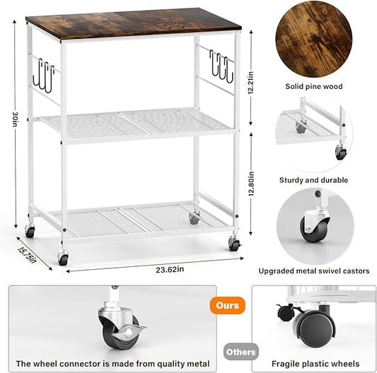 Abiglifty 3-Tier Rolling Kitchen Cart, Microwave Cart with Lockable Wheels, Kitchen Utility Cart, Mobile Microwave Stand with Storage for Living Room, Office, Balcony, Bathroom,White