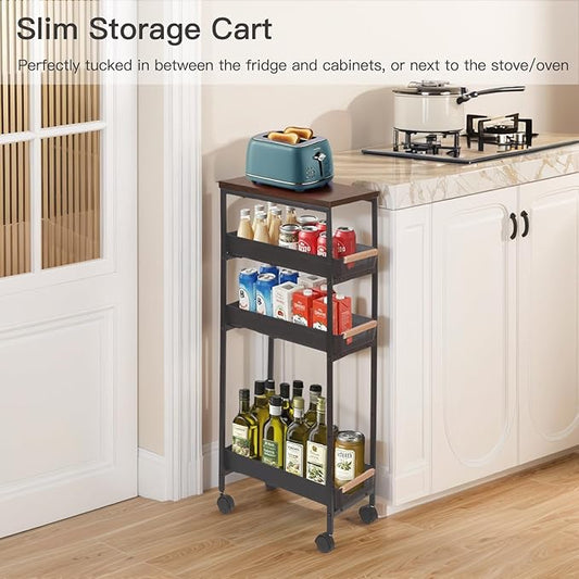 5 Tier Slim Rolling Storage Cart with Wood Top, Narrow Laundry Room Organizer for Tight Gaps, Metal Bathroom Gap Filler, Kitchen Pantry Trolley, Small Spaces (Black)
