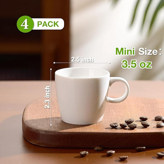 Porcelain Espresso Cups Set of 4, 3.5 oz Small Coffee Mugs, White Demitasse Cups Perfect for Espresso Machine and Coffee Maker, Microwave Dishwasher Safe Espresso Cups