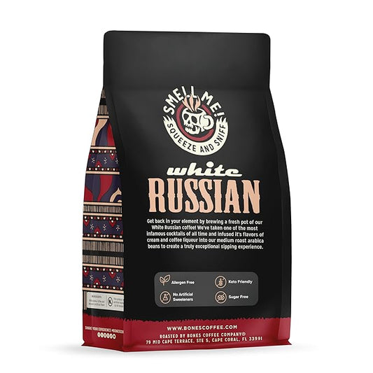 Bones Coffee Company White Russian, Cream and Cocktail Flavored Coffee, Medium Roast Low Acid Arabica Beans Compatible with Auto drip and French Press Coffee Maker, 12 Oz Ground
