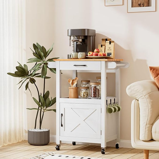 VINGLI Rolling Kitchen Cart with Microwave Stand, Storage Cabinet & Drawer, Small Coffee Cart with Side Hooks & Towel Rods, Compact Kitchen Island on Swivel Wheels, White
