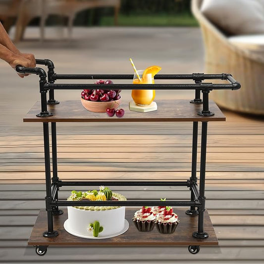 Industrial Bar Cart with Wheels, 2-Tier Rolling Kitchen Serving Cart, Mobile Wine Rack Storage Cart with Locking Casters for Home Bar Cafe Office
