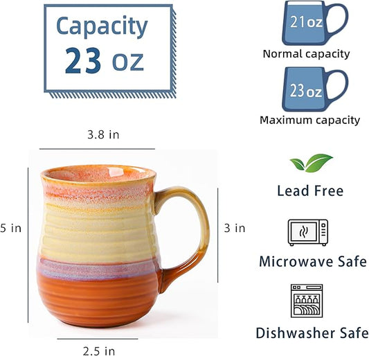 23 oz Large Ceramic Coffee Mugs, Handmade Cup with Large Handle, Big Tea and Coffee Cups for Office and Home, Microwave and Dishwasher Safe (Orange)