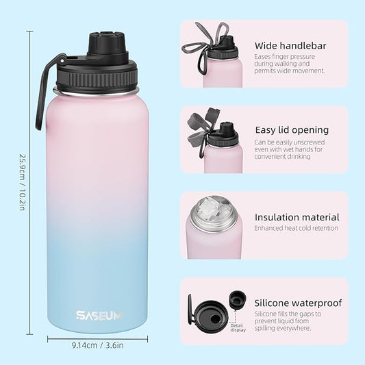 SASEUM Sport Water Bottle 32oz Stainless Steel Double Wall Vacuum Thermal Mug with Leak Proof Spout Lids, Wide Mouth Metal Insulated Water Jug for Gym and Travel(Blue Pink)