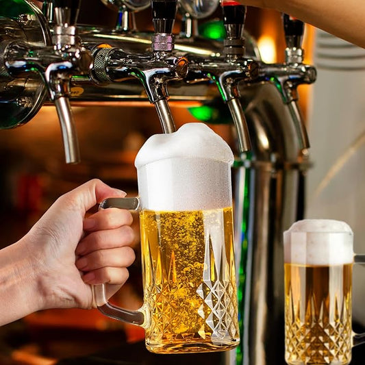 20oz Beer Mug, 4 Pack Glass Beer Mugs for Freezer, Clear Large Beer Steins with Handle, Gifts for Men