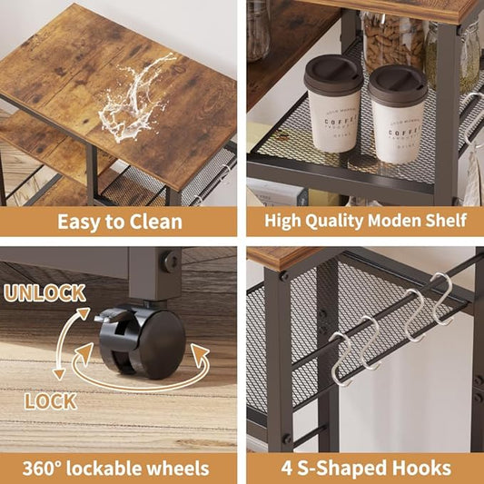 Bakers Rack Kitchen Microwave Cart,Rolling Kitchen Cart with Lockable Wheels, 4-Tier Microwave Stand, Bakers Rack Island, Coffee Cart, Buffet Sideboard Cabinet for Office, Living Room