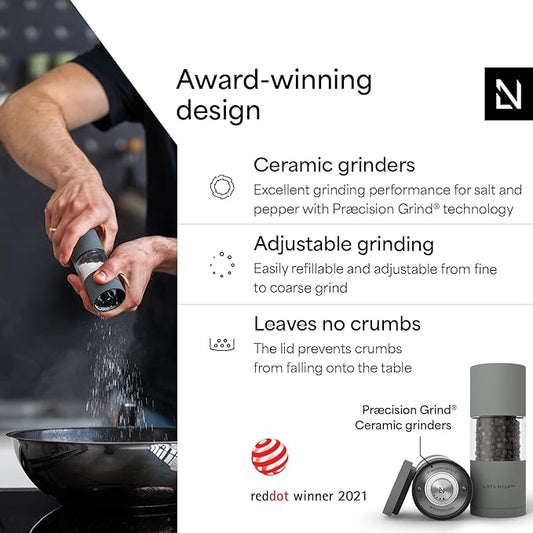 LARS NYSØM Salt and Pepper Grinder Set, Manual Salt and Pepper Mills with Adjustable Ceramic Grinder, Design Spice Shaker Set (Ash Gray)