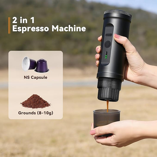 Portable Espresso Maker, Electric Coffee Machine with Self Heating for Travel & Camping, 20 Bar Espresso Machine for NS Capsule & Coffee Powder, Compact Size Ideal for RV, Hiking, Office, Car, Black