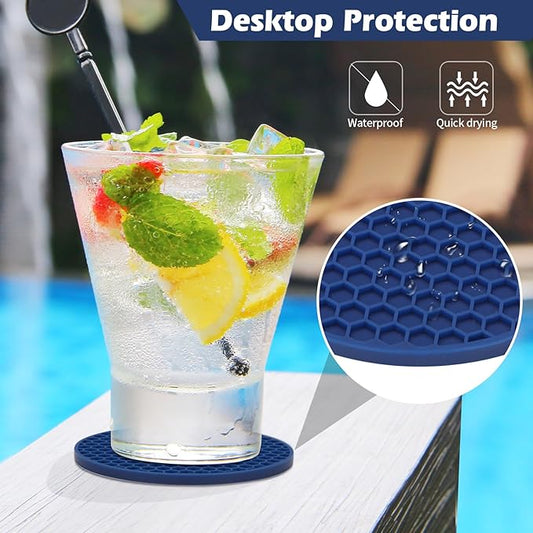 Coasters Set of 6 with Holder,Coasters for Drinks,Coffee Table Decor Coaster,Suitable for Kinds Cups,Anti-Slip,Non-Stick,Silicone Cup Coaster and Living Room Decor (6 Pcs, Navy Blue)