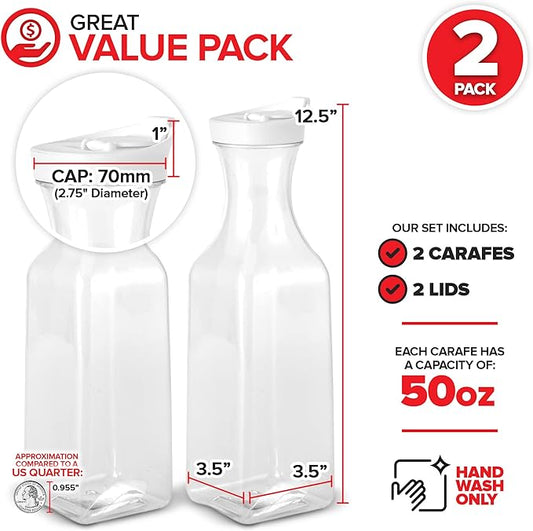 Plastic Juice Carafe with Lids (Set of 2) 50 oz Carafes for Mimosa Bar, Drink Pitcher with Lid, Water Bottle, Milk Container, Clear Beverage Containers for Fridge, Pantry Storage, Square Pitchers