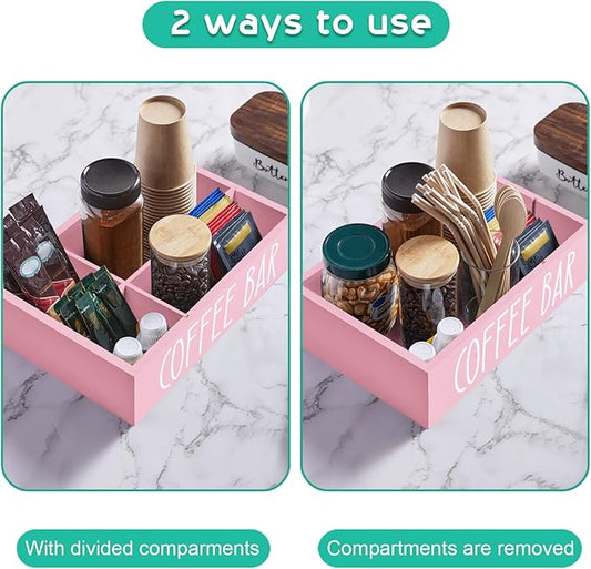 ALELION Coffee Station Organizer - Wood Countertop Accessories Organizer with Removable Dividers for Pods Condiment Syrup Tea Cups Stirrers - Pink Decor for Kitchen Coffee Bar