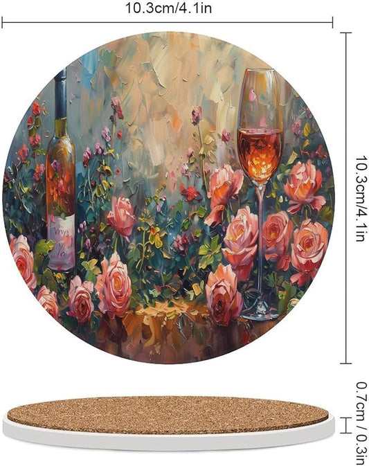 Round-4PCS Red Wine Drink Coasters, Round Modern Ceramic Absorbent Coasters, Oil Painting Style Red Wine Grapes Floral Rose Flower Decor Desk Coffee Table Coaster for Beverage Cup Tea Coasters