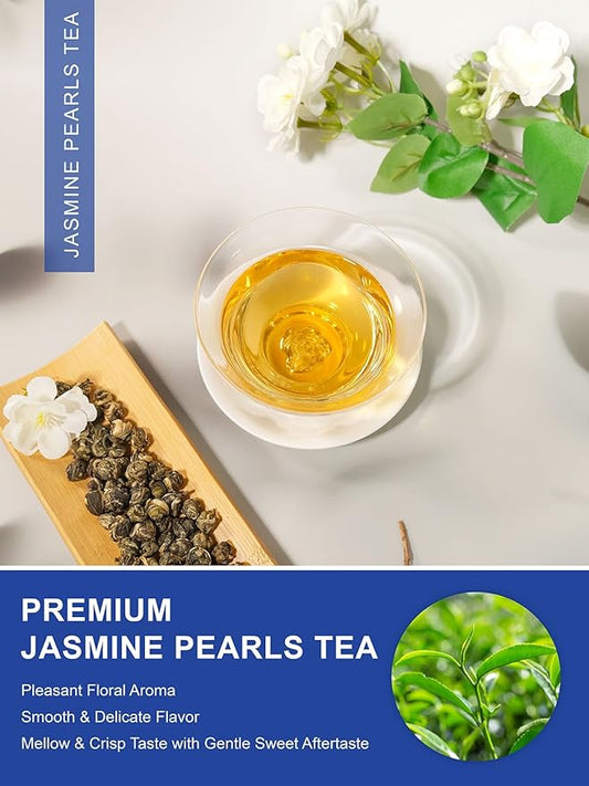 TeeLux Jasmine Pearls Green Tea, Handrolled Green Tea Loose Leaf with Delightful Aroma, Natural Jasmine Pearl Tea, 4 Ounce