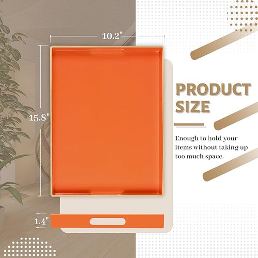 MAONAME Orange Serving Tray with Handles, Modern Decorative Trays for Coffee Table, Plastic Rectangular Trays for Ottoman, Bathroom, Halloween Decor, 15.8” x 10.2” x 1.4"