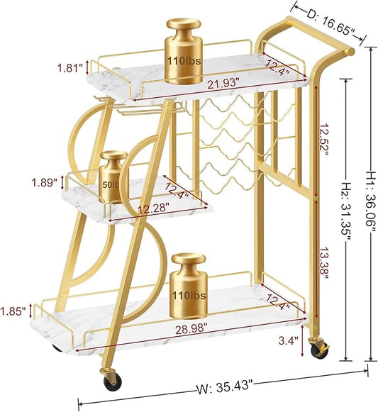 Bar Cart, Gold Bar Carts for The Home, Serving Cart with Wine Glass Holder, 3-Tier Drink Carts with Wheels, Rolling Beverage Trolley for Kitchen, Dining, Living Room (Gold & Marbleized White)