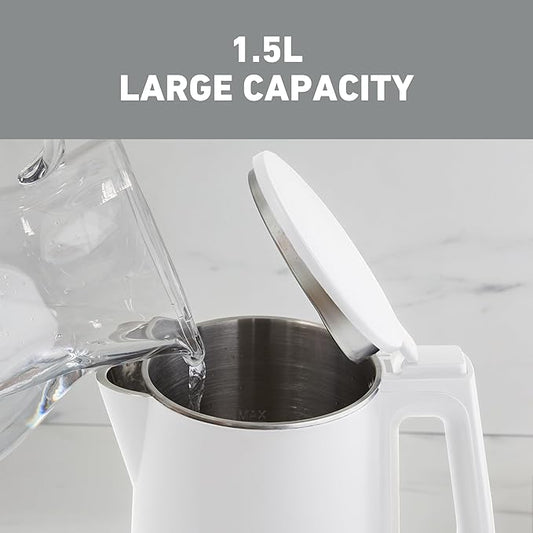 West Bend Timeless Electric Kettle Cordless Serving Features Stainless Steel Interior Boil Dry Protection and Auto Shut Off, 1.5-Liter, White/Gold