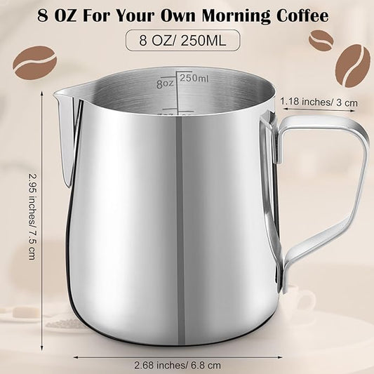 Honeydak 12 Pcs Milk Frothing Pitcher 304 Stainless Steel Steaming Pitchers for Coffee Bar Cappuccino Barista Tools Milk Jug Steamer Frother Cup (8 oz)