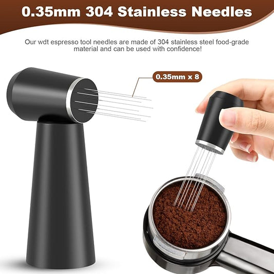 Jeymei WDT Espresso Distribution Tool, 0.35mm 8 Needle Coffee Stirrer with 8 Extra Needles, 304 Stainless Steel, Aluminum Alloy Handle with Stand, Barista Espresso Whisk Tool (Metal Black)