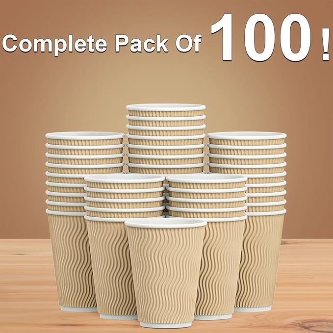 Hot Paper Cups_12 oz Disposable Insulated Corrugated Sleeve Ripple Wall Paper Cup 100 pcs,12oz Cups for Drink,Hot Coffee Cups (Brown)